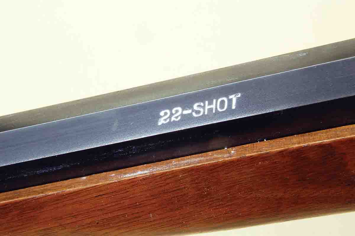 The barrel of this Stevens smoothbore is simply marked “22 SHOT.”